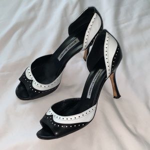 Manolo Blahnik—Spectator Style Open Toe High Heel Pumps